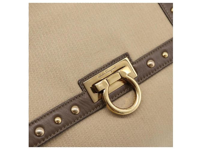Borsa Salvatore Ferragamo Gancini Canvas 2way Beige Gold Auth 196765 D'oro - vista 20