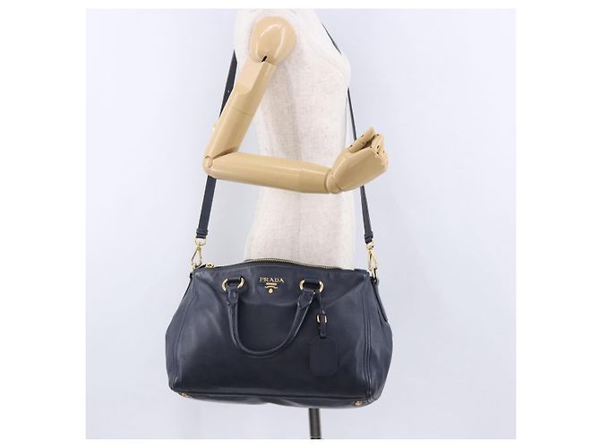 Borsa PRADA in pelle 2way Navy Gold Auth 196781V D'oro Blu navy - vista 28