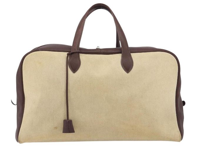 Hermès Borsa Boston HERMES Victoria 50 Canvas Beige Brown Auth BA14733 Marrone - vista 13