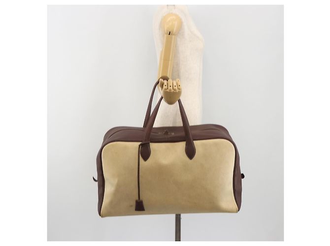 Hermès Borsa Boston HERMES Victoria 50 Canvas Beige Brown Auth BA14733 Marrone - vista 22