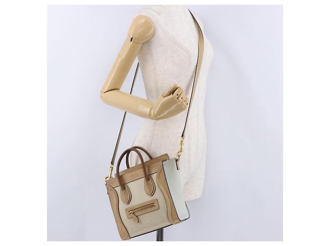 Céline Borsa a mano CELINE Luggage Nano in pelle e camoscio 2way Beige Gold Auth ka5649A D'oro - vista 25