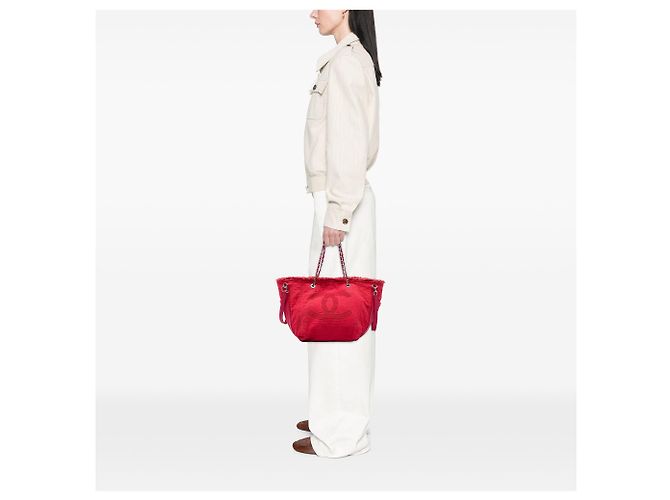 Rote Chanel CC Fringe Canvas Tote - Ansicht 5