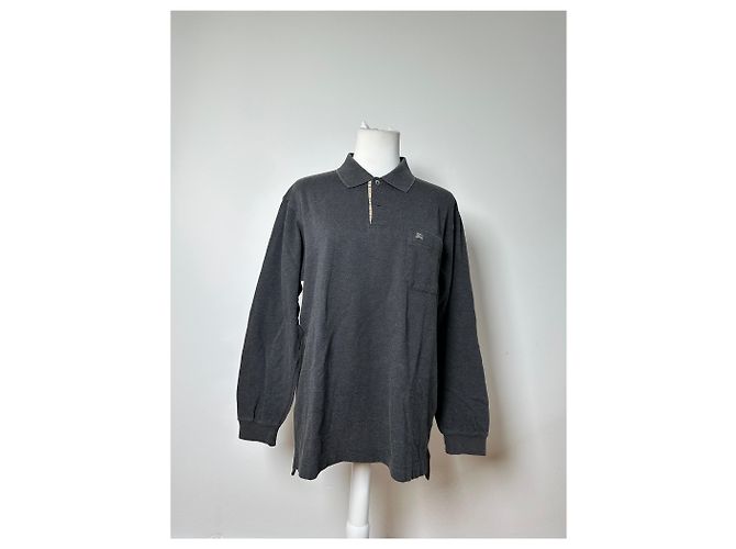Vintage Burberry Herren-Baumwoll-Langarm-Poloshirt Anthrazit M Anthrazitgrau - Ansicht 14