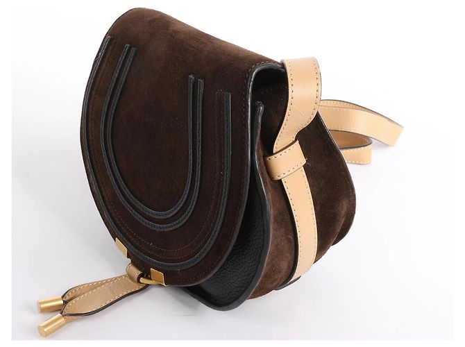 Chloé Borsa a tracolla Chloe Marcie Mini in camoscio e pelle marrone Beige - vista 3