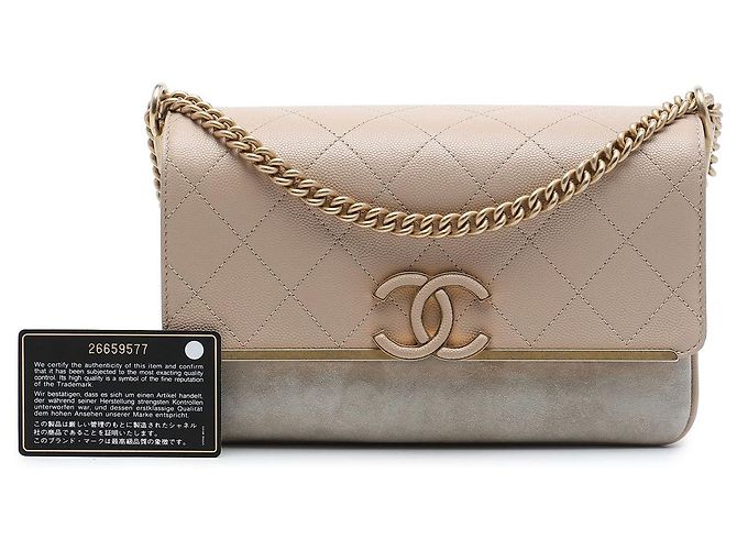 Borsa a tracolla Chanel Small CC Stitched Caviar and Suede Lady Coco Flap Beige - vista 7