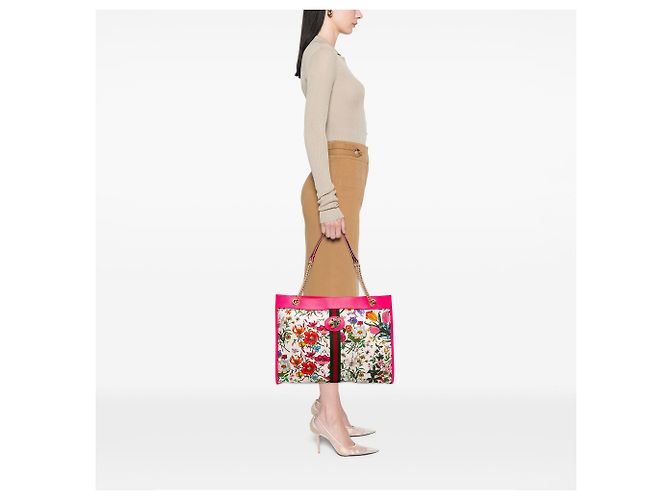 Tote Gucci Large Canvas Web Flora Rajah Bianco - vista 6