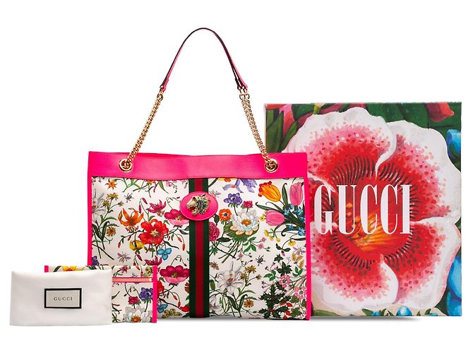 Tote Gucci Large Canvas Web Flora Rajah Bianco - vista 7