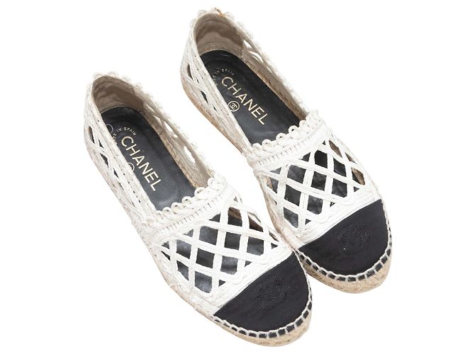 Chanel Woven Cap-Toe Espadrille Flats White & Black Größe 38 Weiß - Ansicht 2