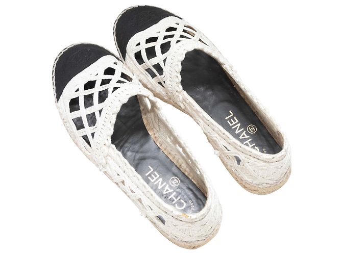 Chanel Woven Cap-Toe Espadrille Flats White & Black Größe 38 Weiß - Ansicht 3