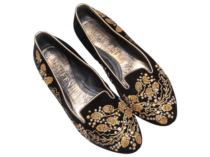 Alexander McQueen bestickte Samt-Ballerinas Schwarz & Gold Größe 39 - Ansicht 2