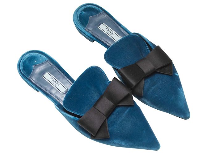 Mules Flat in Velluto a Punta Prada Blu e Nere Taglia 37.5 - vista 2