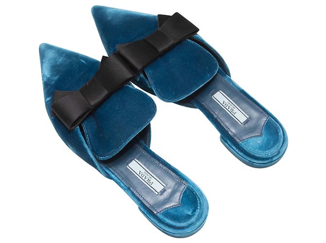 Mules Flat in Velluto a Punta Prada Blu e Nere Taglia 37.5 - vista 3