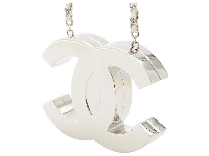 Collana Specchio Chanel CC in Ottone e Pelle d'Agnello Argentata Argento - vista 2