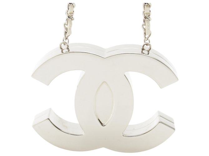 Collana Specchio Chanel CC in Ottone e Pelle d'Agnello Argentata Argento - vista 4