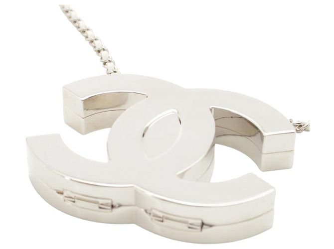 Collana Specchio Chanel CC in Ottone e Pelle d'Agnello Argentata Argento - vista 5
