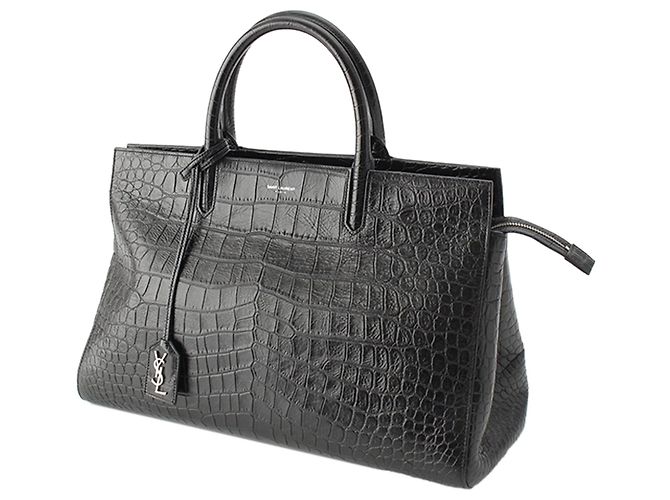 Borsa Saint Laurent Medium Cabas Rive Gauche in pelle di vitello embossed croc nera - vista 3