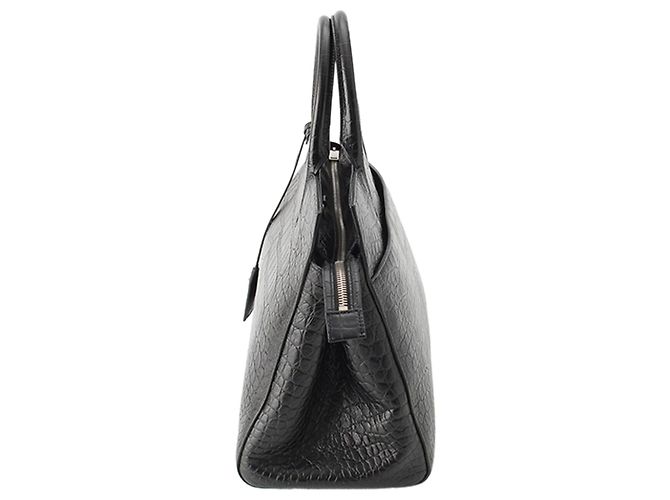 Borsa Saint Laurent Medium Cabas Rive Gauche in pelle di vitello embossed croc nera - vista 4