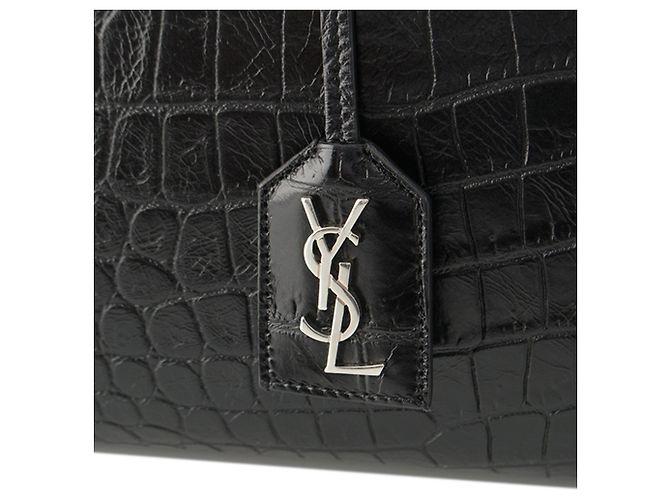 Borsa Saint Laurent Medium Cabas Rive Gauche in pelle di vitello embossed croc nera - vista 8