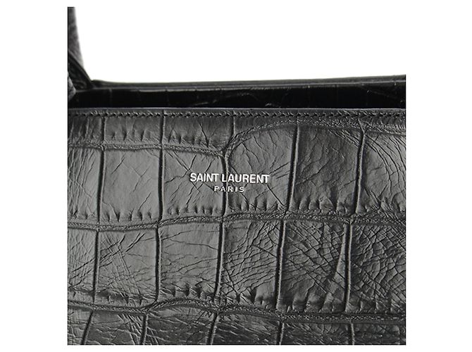 Borsa Saint Laurent Medium Cabas Rive Gauche in pelle di vitello embossed croc nera - vista 9