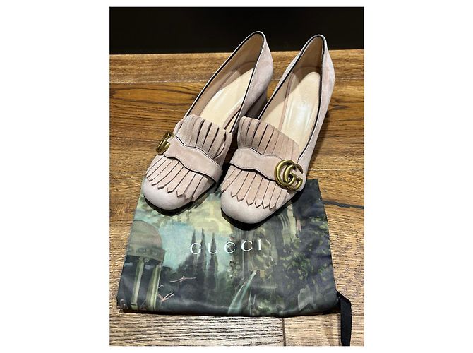 Zapatos de tacón Gucci Marmont con flecos en ante rosa - vista 7