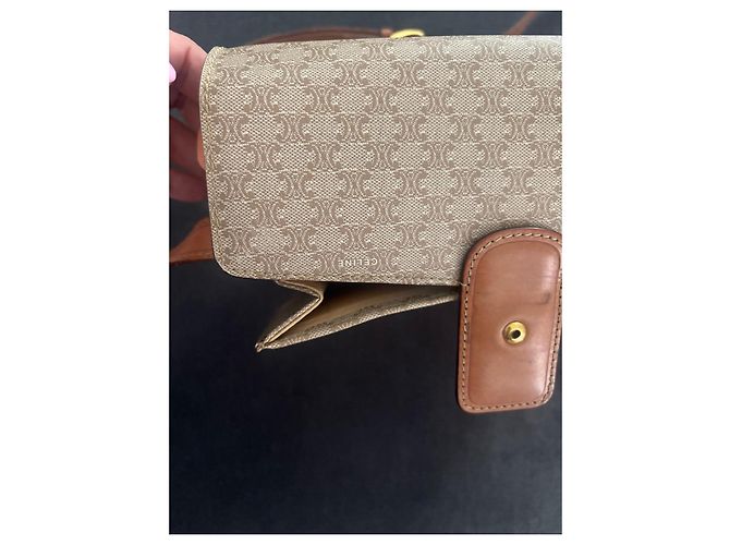 Céline Celine Triomphe Borsa a Tracolla in Tela Monogram e Pelle Marrone Beige - vista 10