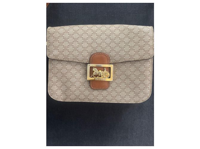 Céline Celine Triomphe Borsa a Tracolla in Tela Monogram e Pelle Marrone Beige - vista 2