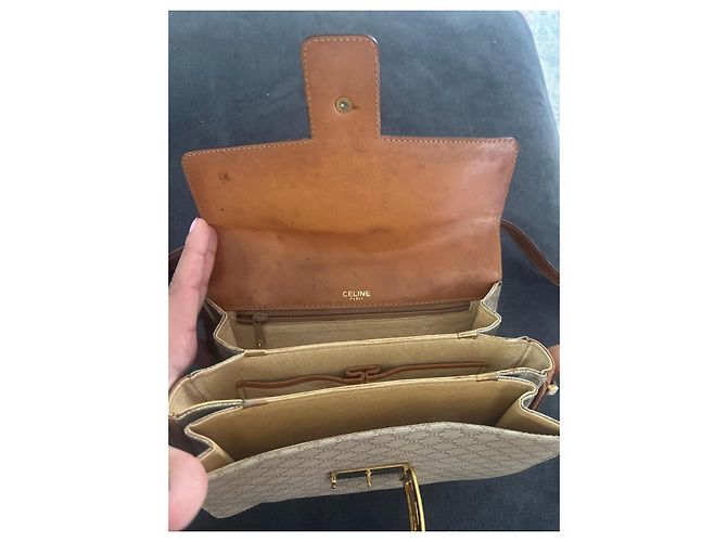 Céline Celine Triomphe Borsa a Tracolla in Tela Monogram e Pelle Marrone Beige - vista 7