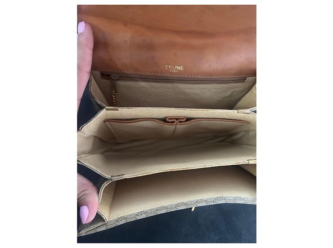 Céline Celine Triomphe Borsa a Tracolla in Tela Monogram e Pelle Marrone Beige - vista 8