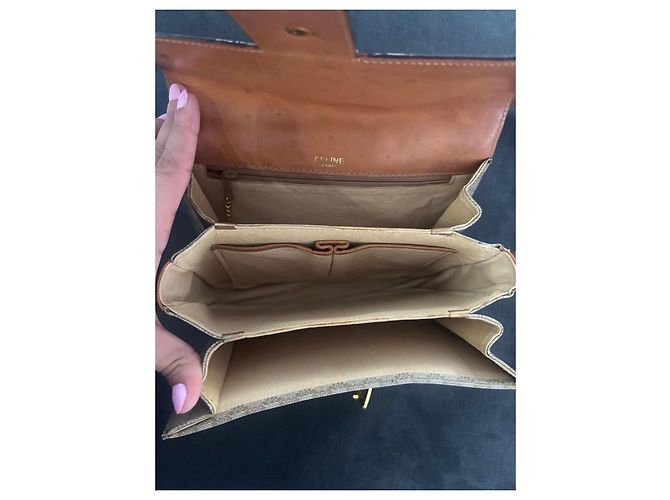 Céline Celine Triomphe Borsa a Tracolla in Tela Monogram e Pelle Marrone Beige - vista 9