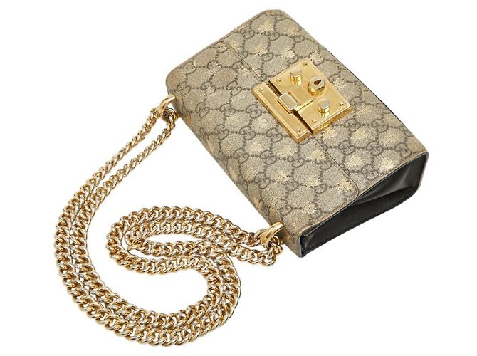 Padlock Borsa a tracolla Gucci GG Supreme con catena e lucchetto Nero D'oro - vista 8