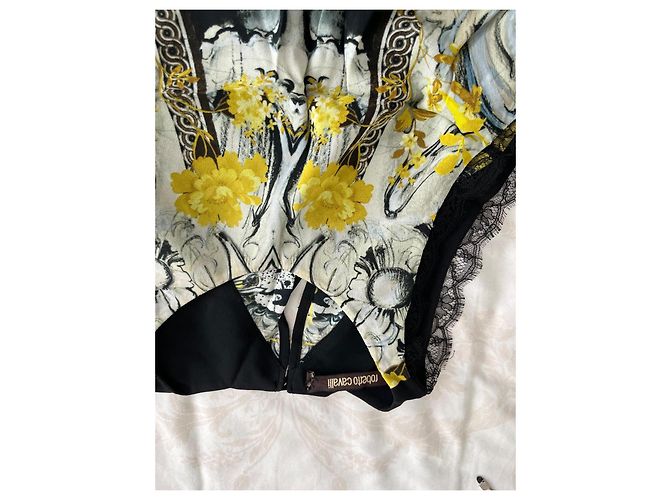 Top in seta e pizzo Roberto Cavalli Nero Bianco Multicolore Giallo - vista 2