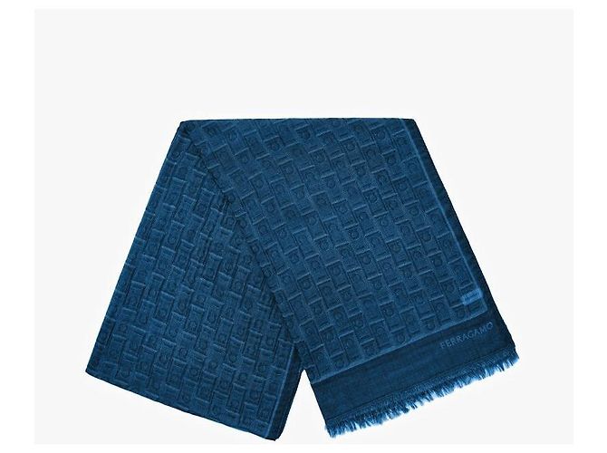 Salvatore Ferragamo Sciarpa Stole con Stampa Monogram Gancini Blu - vista 5