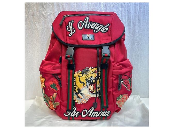 Gucci Tiger Embroidered Techno Canvas Red Backpack - view 2