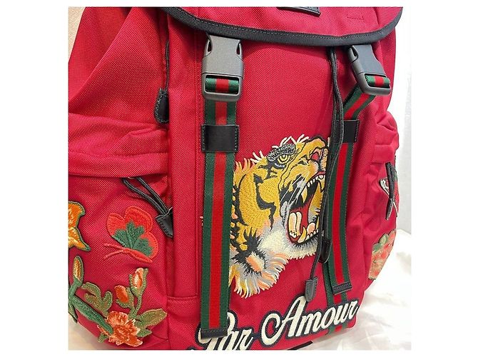 Gucci Tiger Embroidered Techno Canvas Red Backpack - view 3