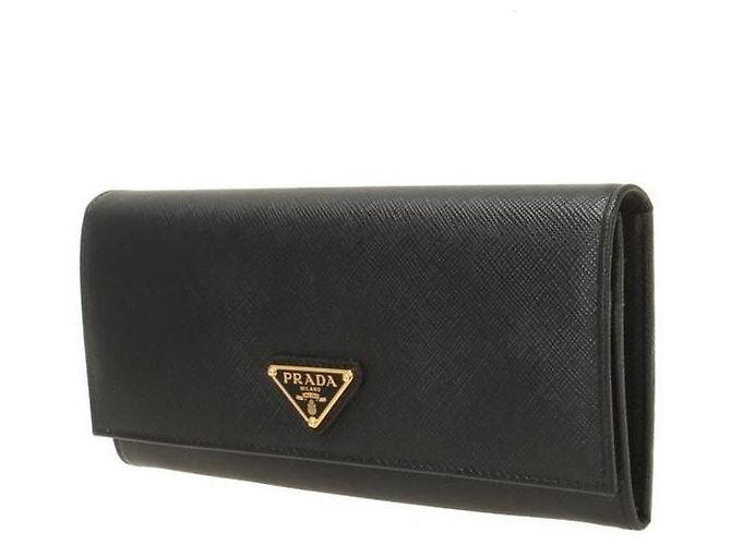 Prada Saffiano Triangle Long Wallet mit Klappe stamp: QHH Schwarz - Ansicht 2
