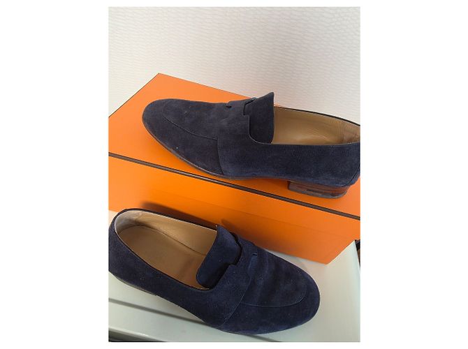 Mocassini Hermès in camoscio blu navy da uomo - vista 2