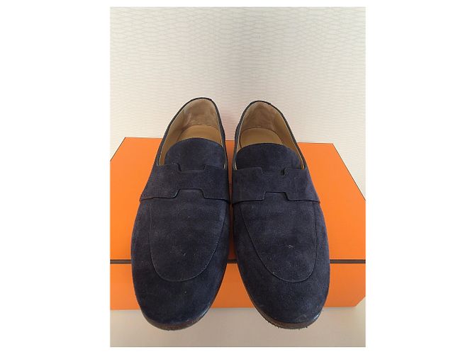 Mocassini Hermès in camoscio blu navy da uomo - vista 3