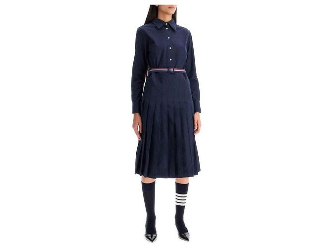 Thom Browne Midi em flanela de algodão riscada com base plissada Azul - vista 9