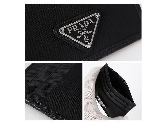 Prada Triangle Logo Nylon Saffiano Card Holder Black - vista 4