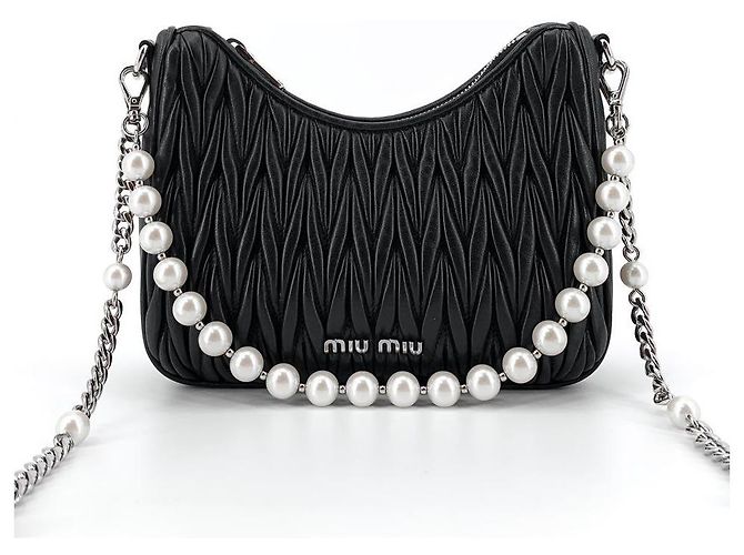 Miu Miu Borsa a tracolla in Nappa con catena di perle, borsa hobo a tracolla Nero - vista 2