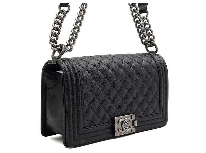 Chanel Borsa a tracolla Boy Black Caviar Medium Flap con catena argentata Nero - vista 3