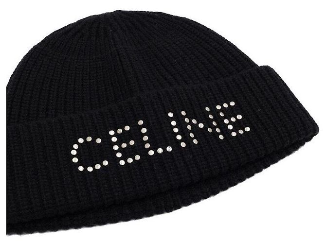 Céline Berretto in lana nero con logo ricamato e borchie - vista 3