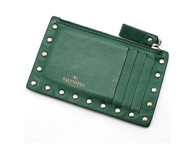Valentino Portacarte con zip Rockstud in pelle verde e oro - vista 3