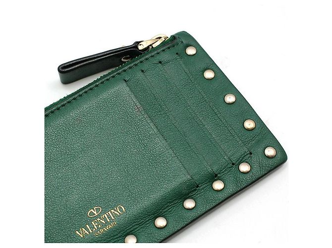 Valentino Portacarte con zip Rockstud in pelle verde e oro - vista 5