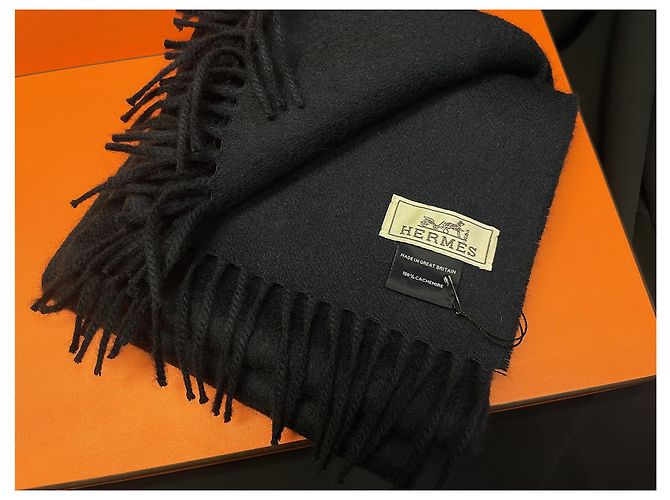 Hermès Sciarpa in cashmere blu navy con logo ricamato stamp: Nero - vista 3