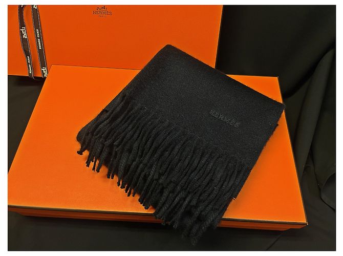 Hermès Sciarpa in cashmere blu navy con logo ricamato stamp: Nero - vista 5