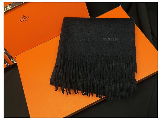 Hermès Sciarpa in cashmere blu navy con logo ricamato stamp: Nero - vista 6