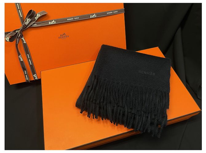 Hermès Sciarpa in cashmere blu navy con logo ricamato stamp: Nero - vista 7