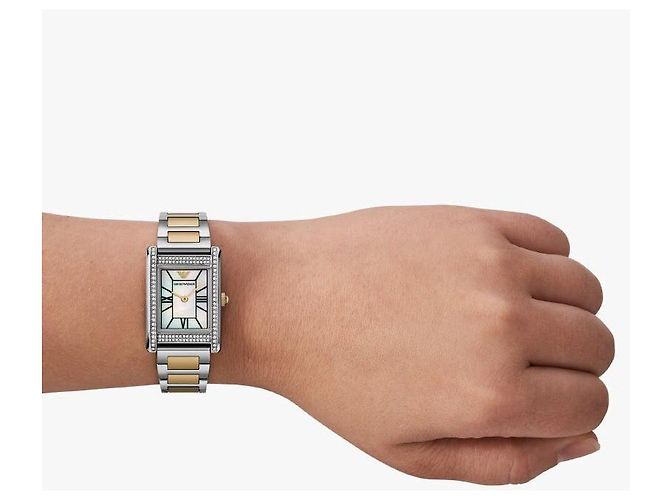 Armani Genni Damen-Metalluhr quadratisch mit Perlmutt Mehrfarben - Ansicht 8