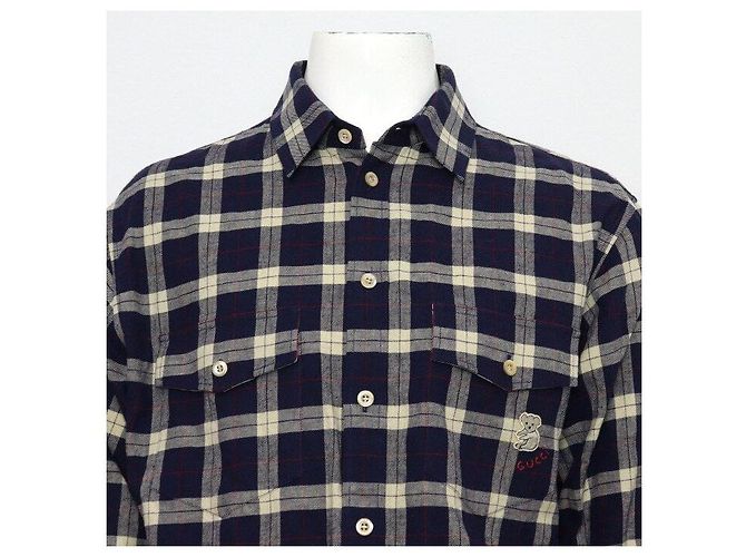 Gucci Camicia a quadri da uomo in misto cotone blu con patch ricamato - vista 2
